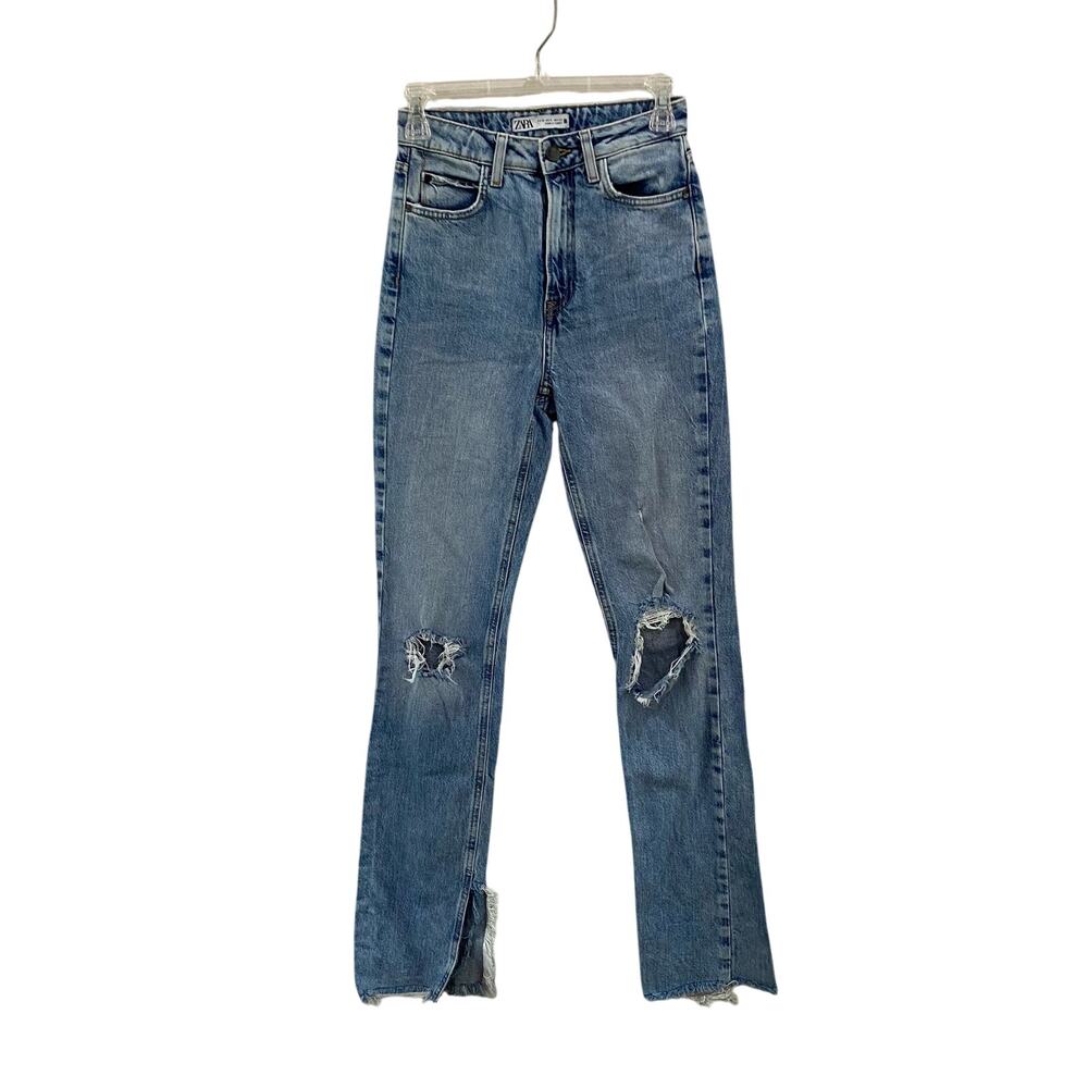 Zara High Rise Slim Slit Meg Bloggers Favorite Distressed Jeans Sz 0